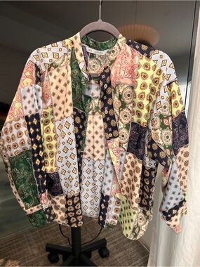 Zara Green and Navy Patchwork Blouse Large